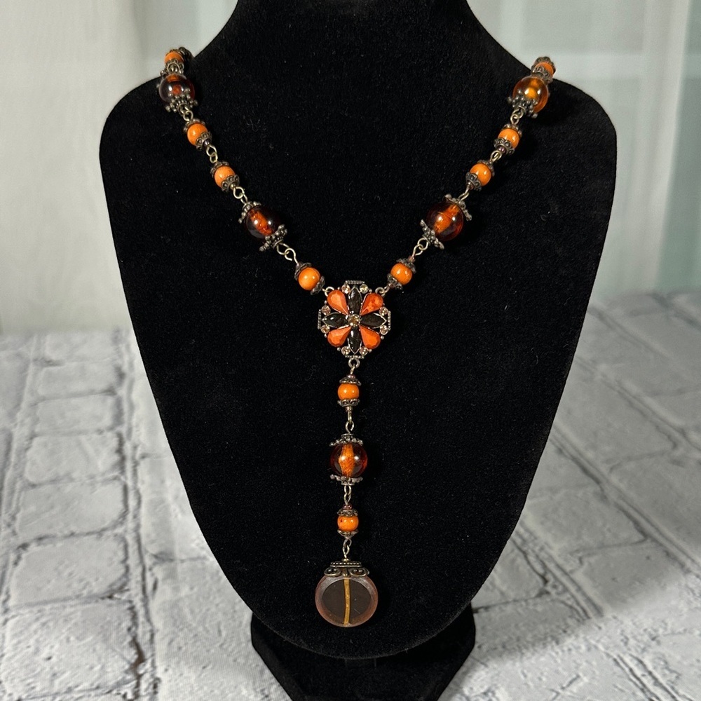 Elegant Burnt Orange Beaded Teardrop Statement Necklace 19”